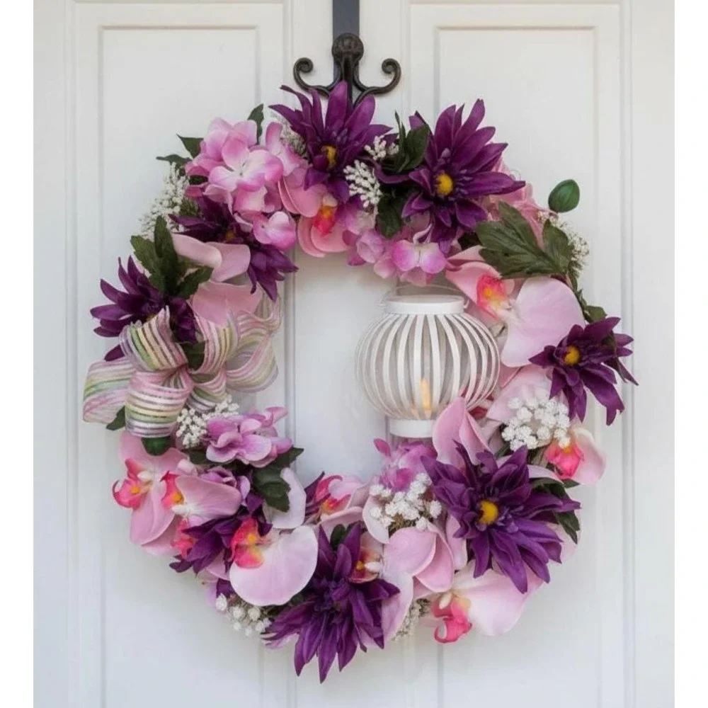 Grapevine Wreath; Spring & Summer Purple and pink; Floral Door Decor